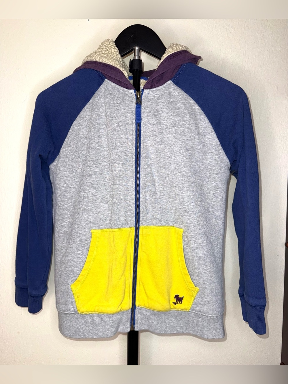 Mini Boden colorblock shaggy lined zip-up hoodie, size 9/10